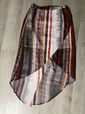 Maurices Multi-Stripe High-Low Wrap Skirt - Red, Black, Brown, Gray